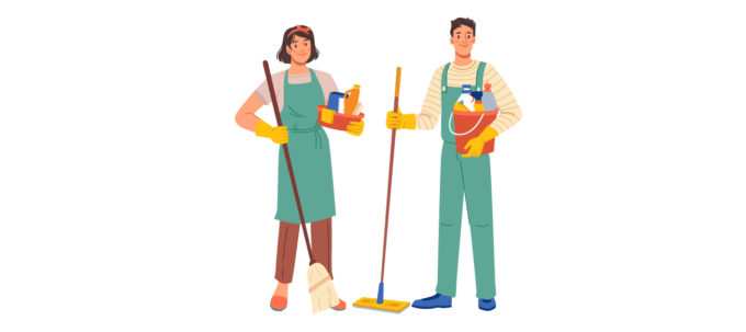 Hombre y mujer con utensilios de limpieza